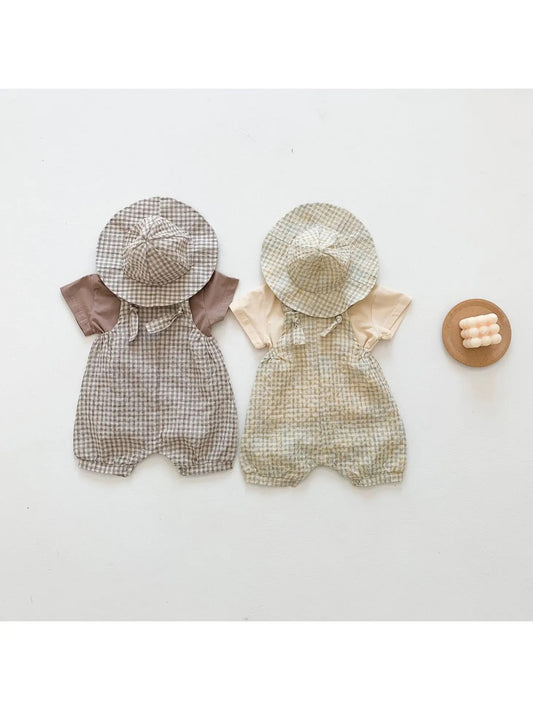 Baby Girl Short-Sleeved Plaid Pattern Shirt, Hat, and Pants