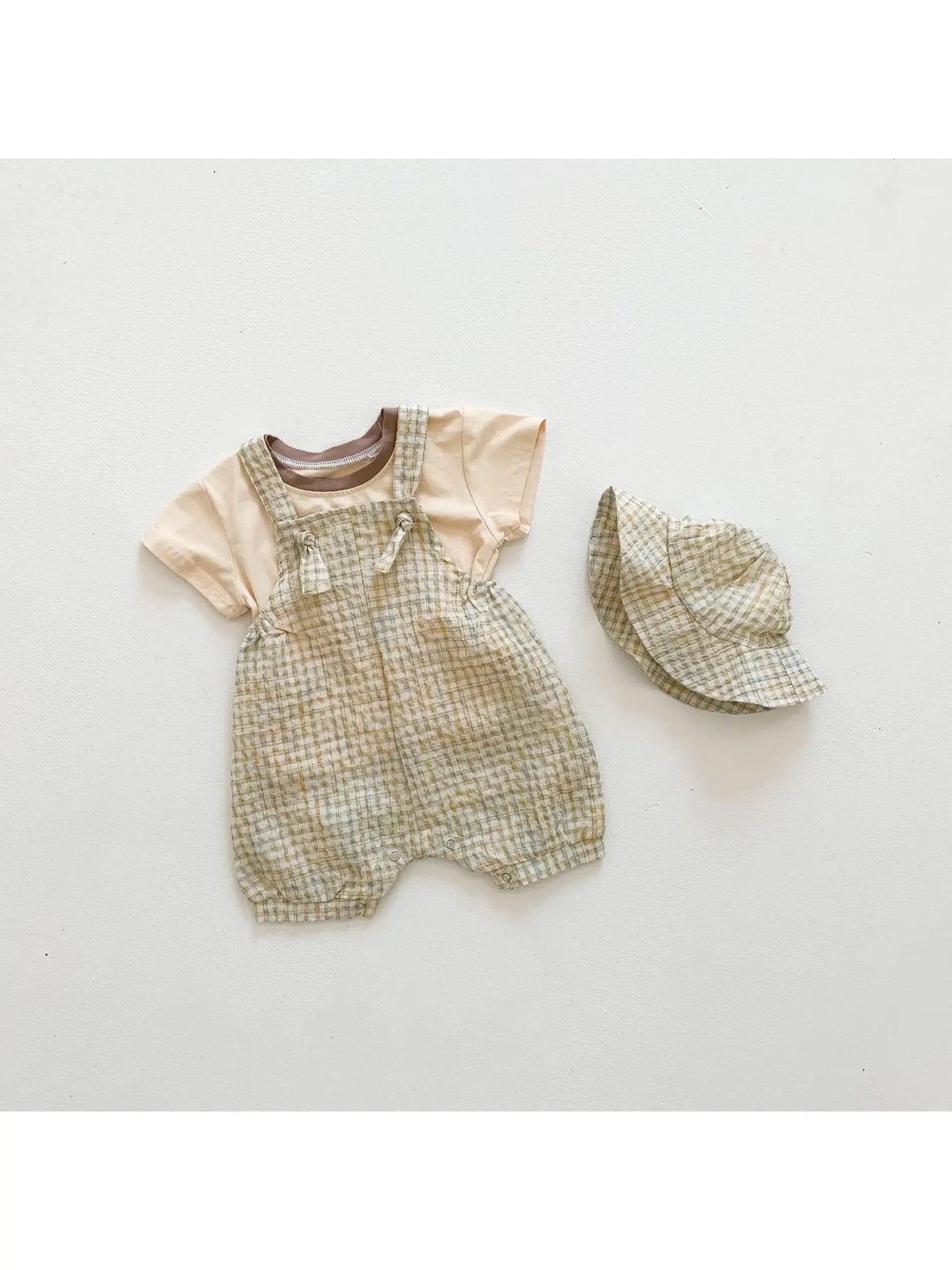 Baby Girl Short-Sleeved Plaid Pattern Shirt, Hat, and Pants