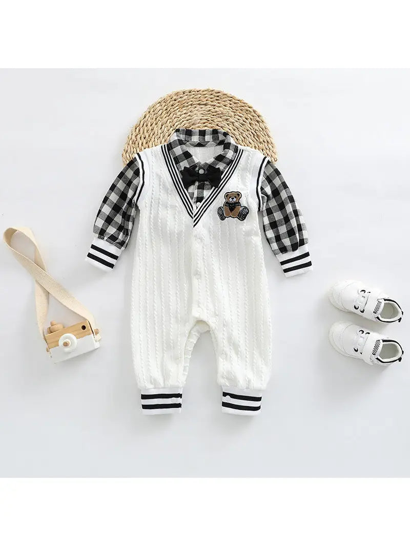 Baby Boy Plaid Patchwork Bear Embroidered Jumpsuit