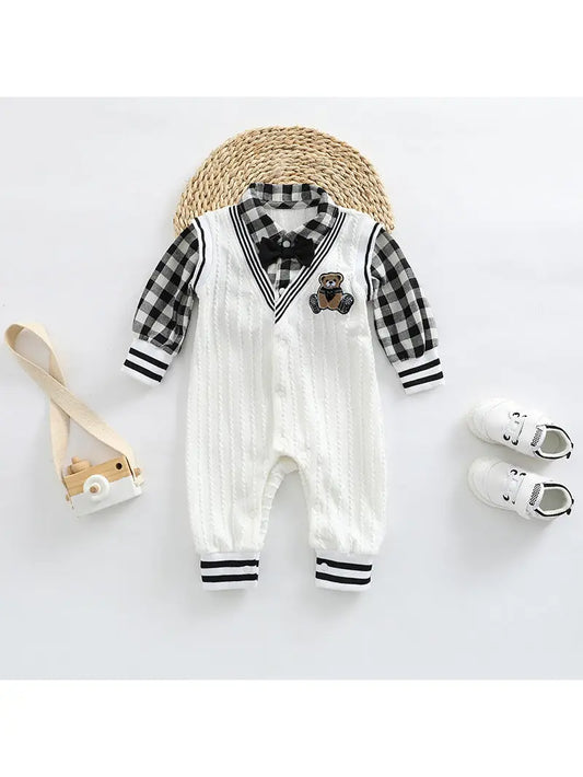 Baby Boy Plaid Patchwork Bear Embroidered Jumpsuit