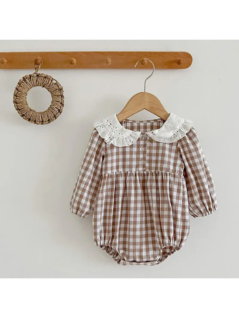 Doll Neck Plaid Long Sleeve Onesie