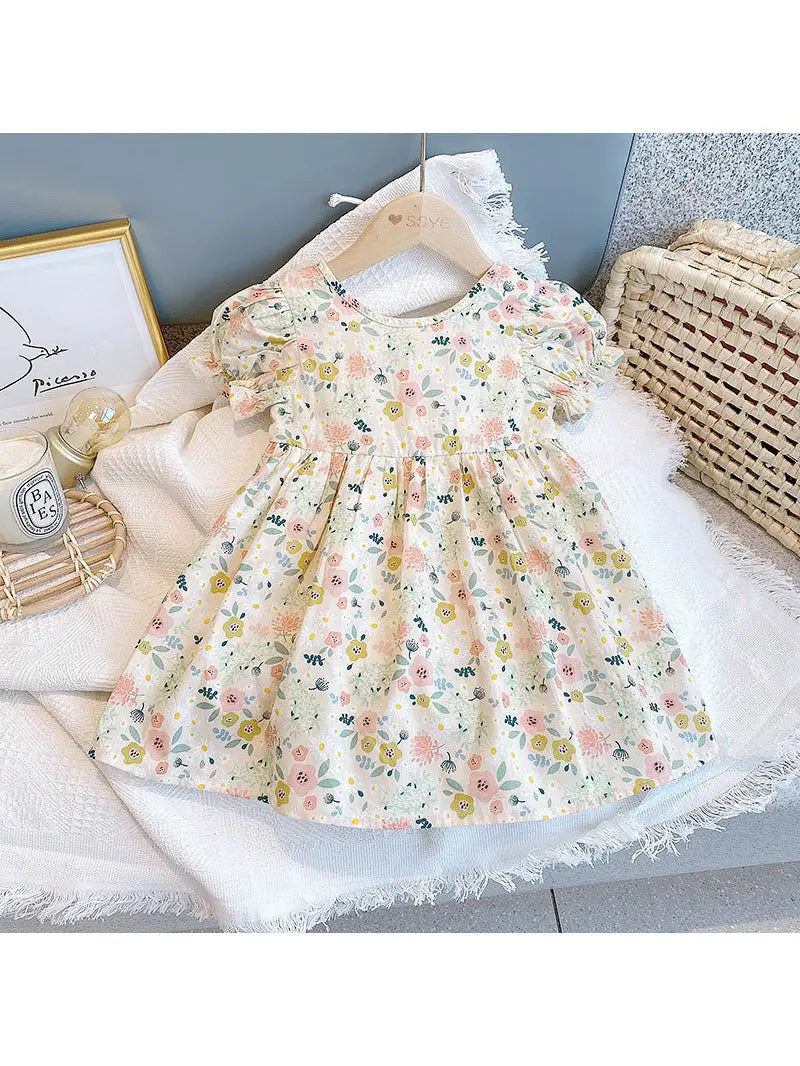 Baby Girl Floral Print O-Neck Puff Sleeve Short Dress